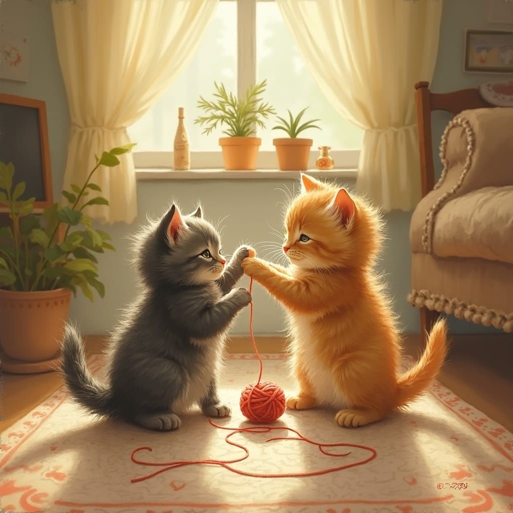 Two Fluffy Kittens Play in Cozy Living Room