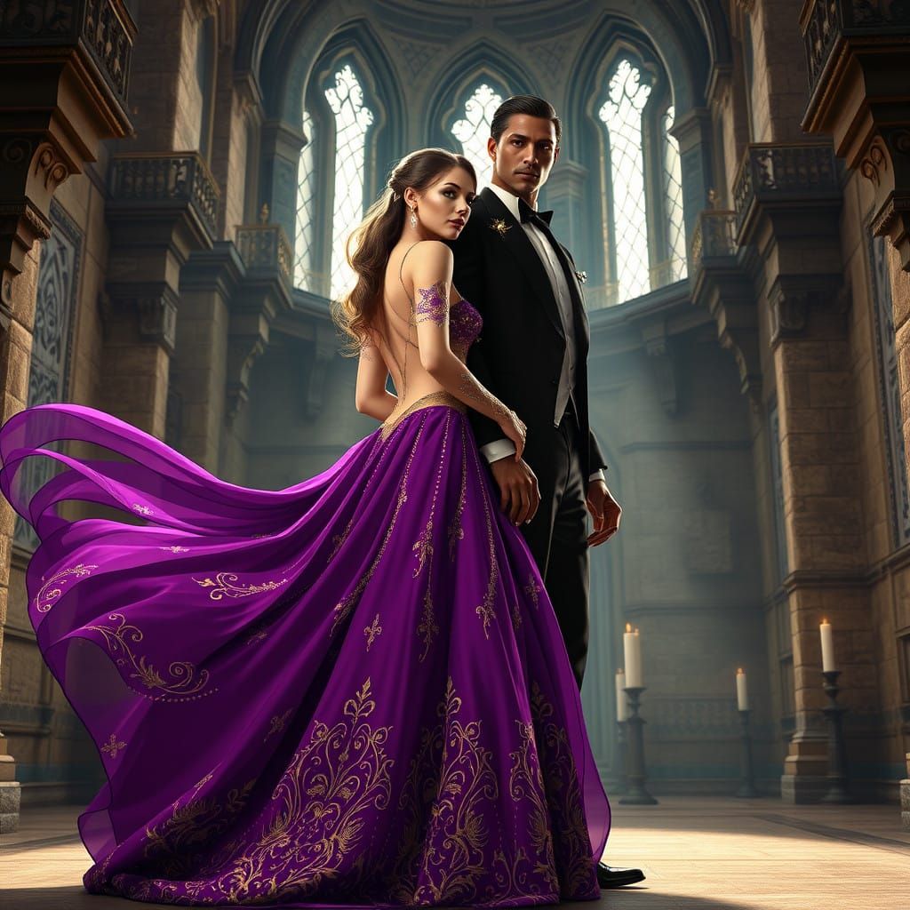 Elegant Lady and Charming Gentleman in Grand Belgian Castle