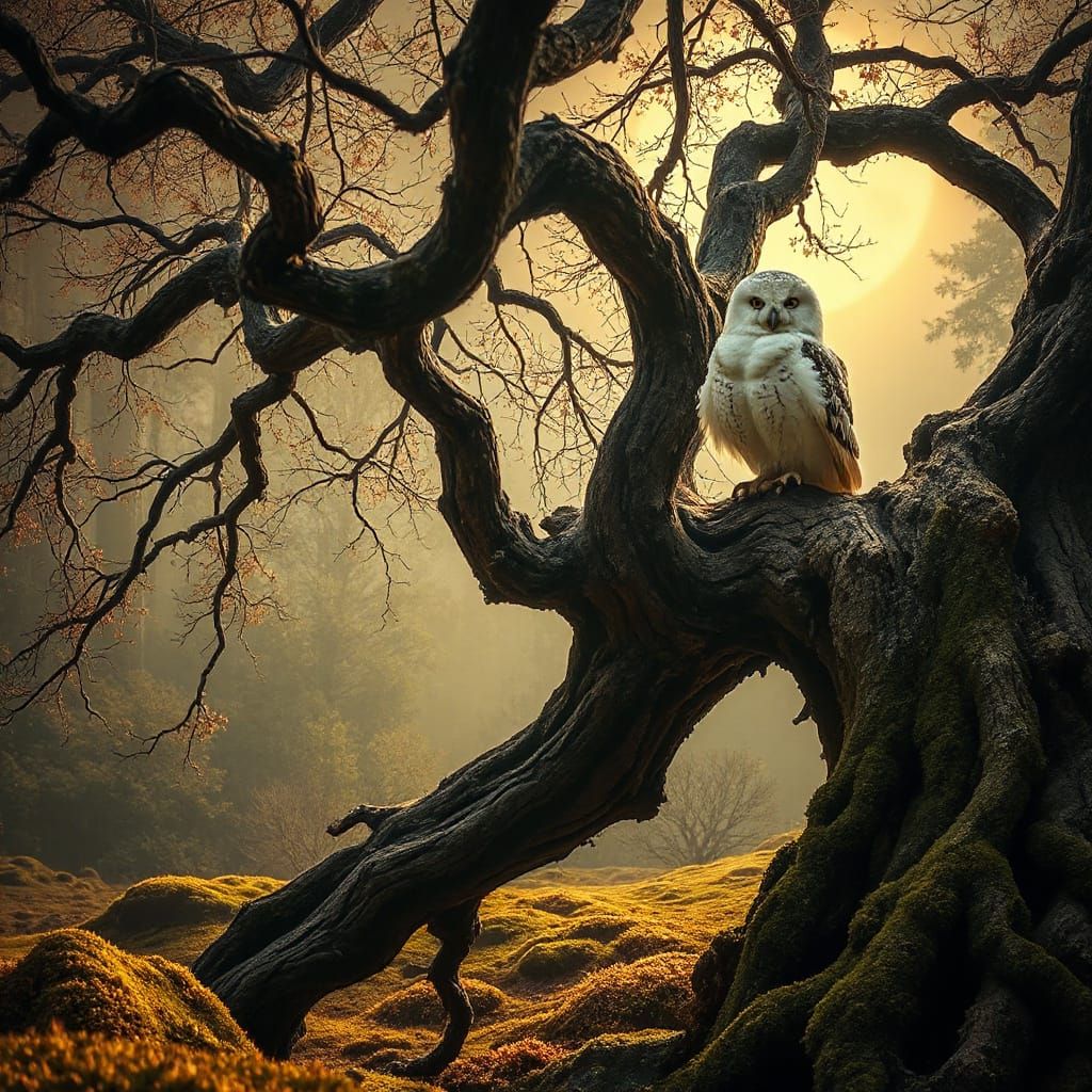 Majestic White Owl on Moonlit Oak Branch