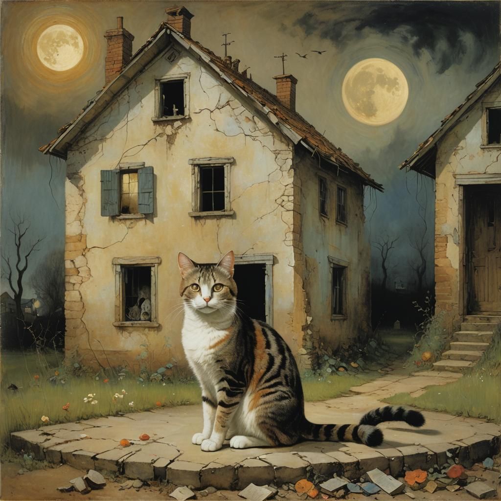 Ghost Tabby Cat Haunting in Burton-Redon Style