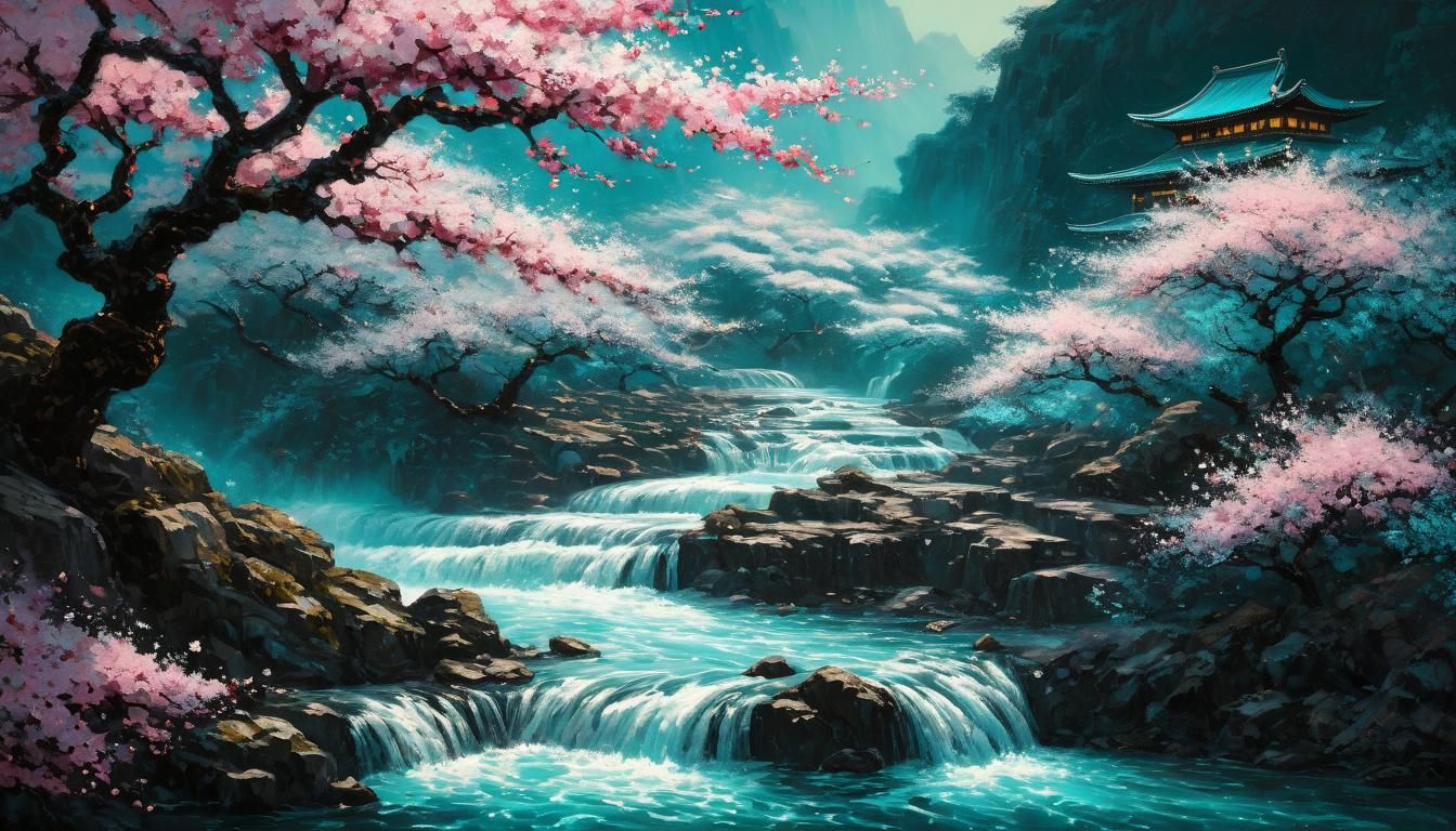 Cherry Blossom Waterfall Landscape as Impasto Oil