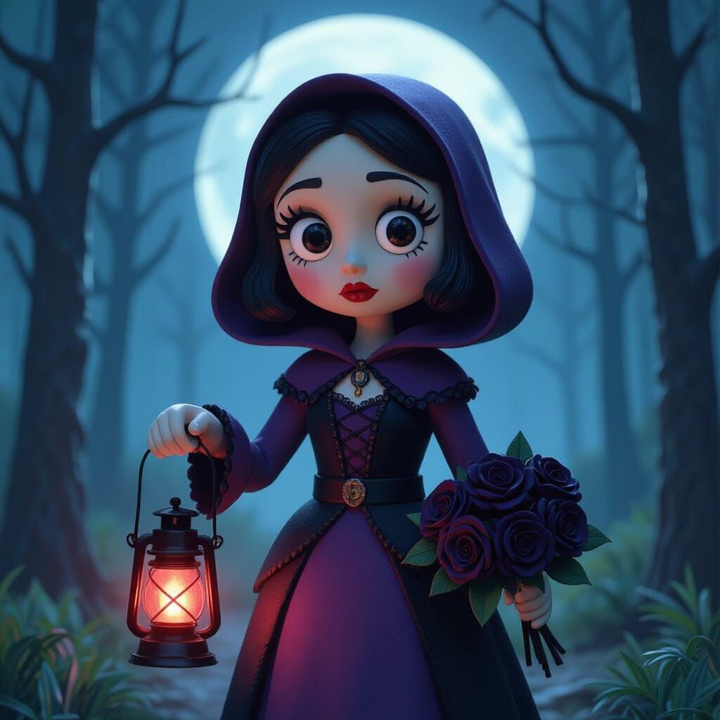 Goth Girl with Lantern in Cyberpunk Forest