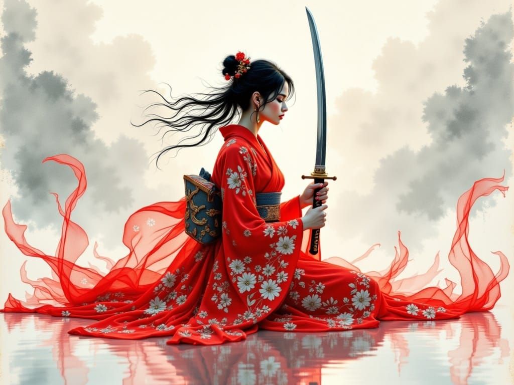 Ethereal Warrior in Vibrant Red Kimono