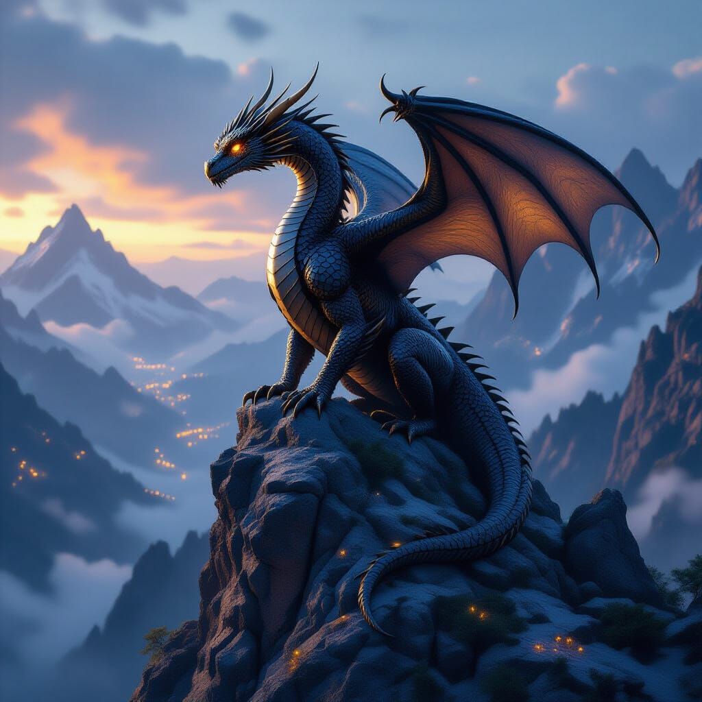 Majestic Obsidian Dragon on Mountain Peak in Unreal Engine S...