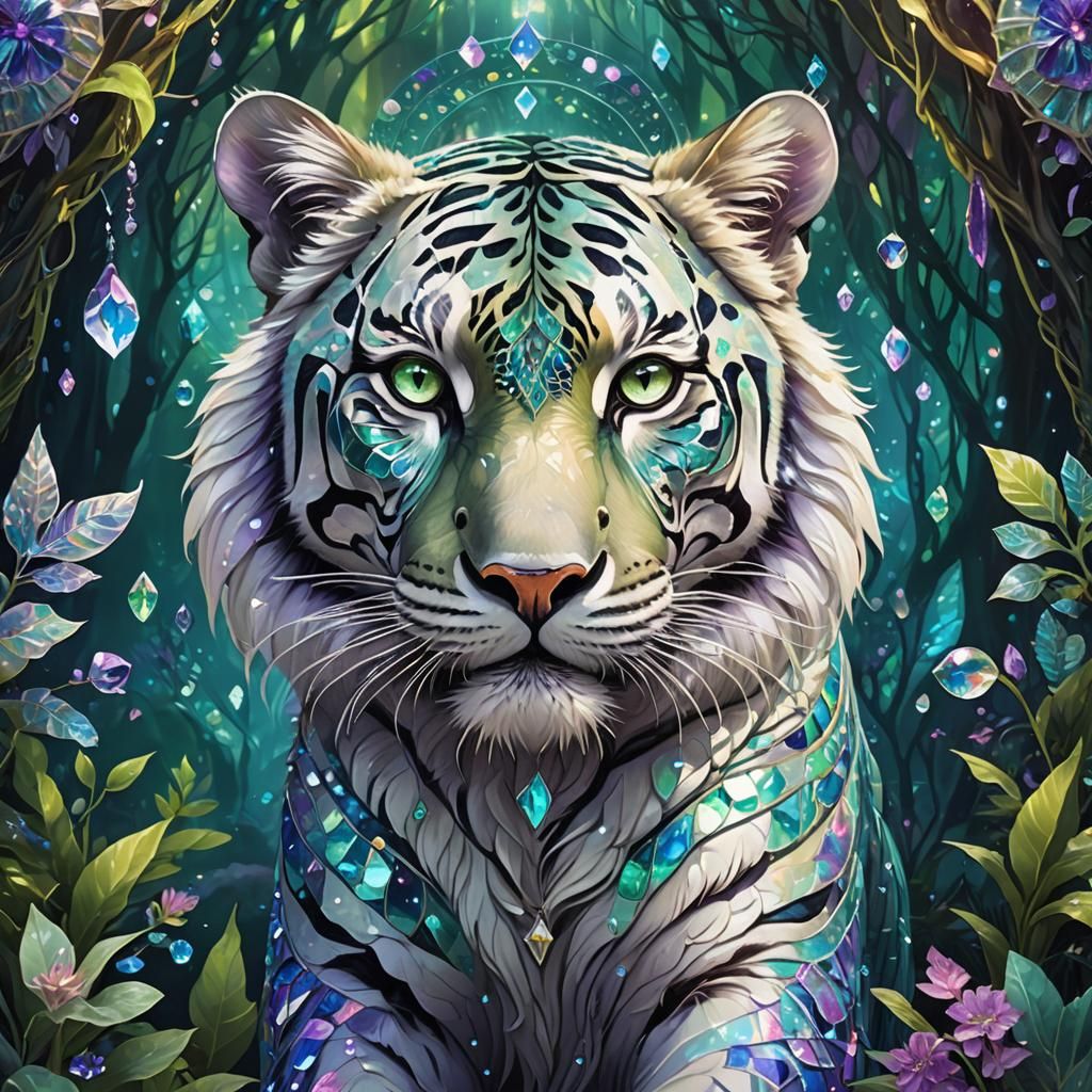 Crystalline Tiger in Mystical Forest, Art Nouveau Style