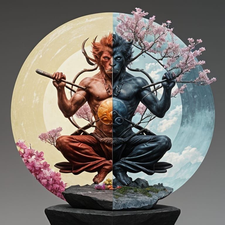 Monkey King Overlays Yin and Yang Balance atop Serene Mounta...