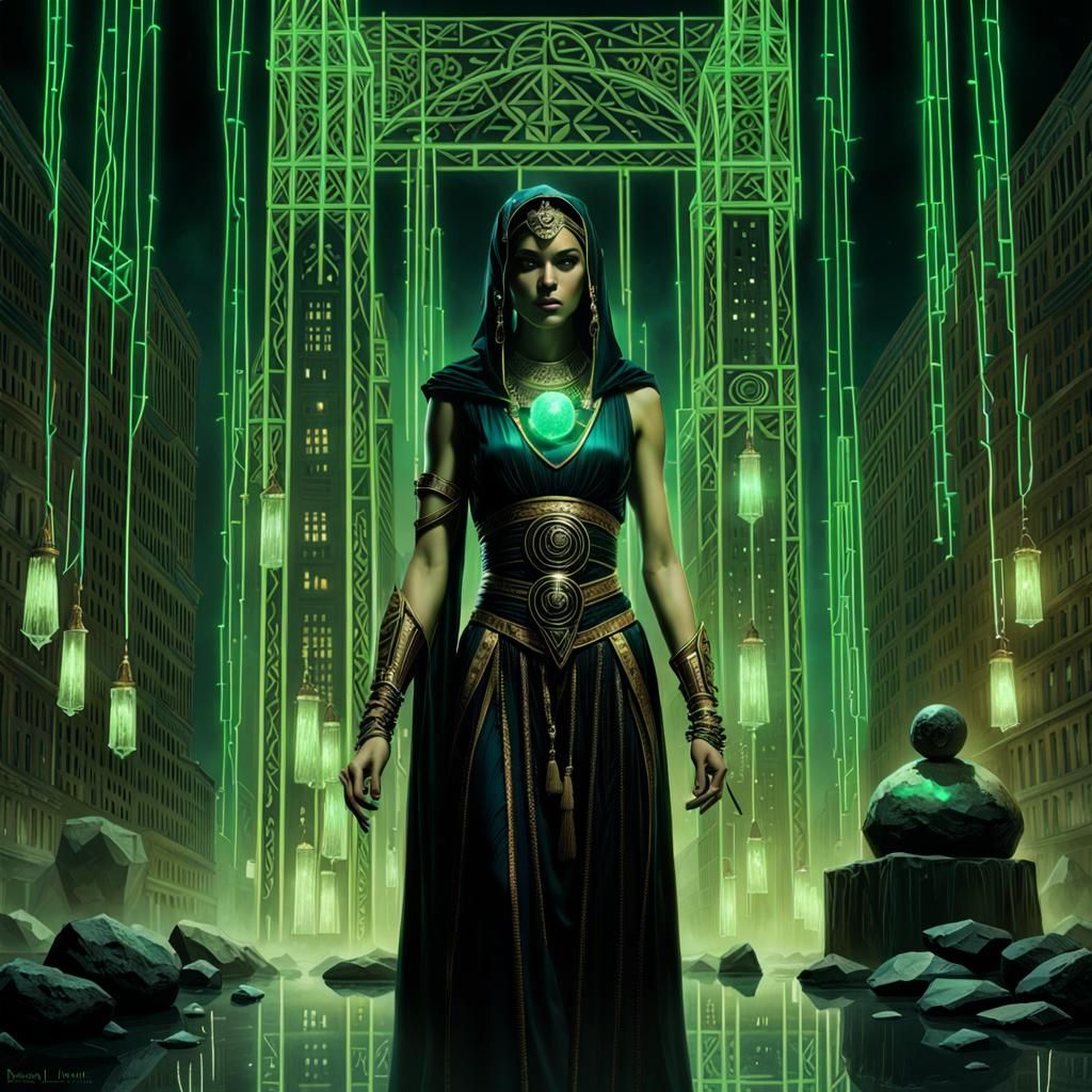 Egyptian Woman Casting Spell with Green Orbs