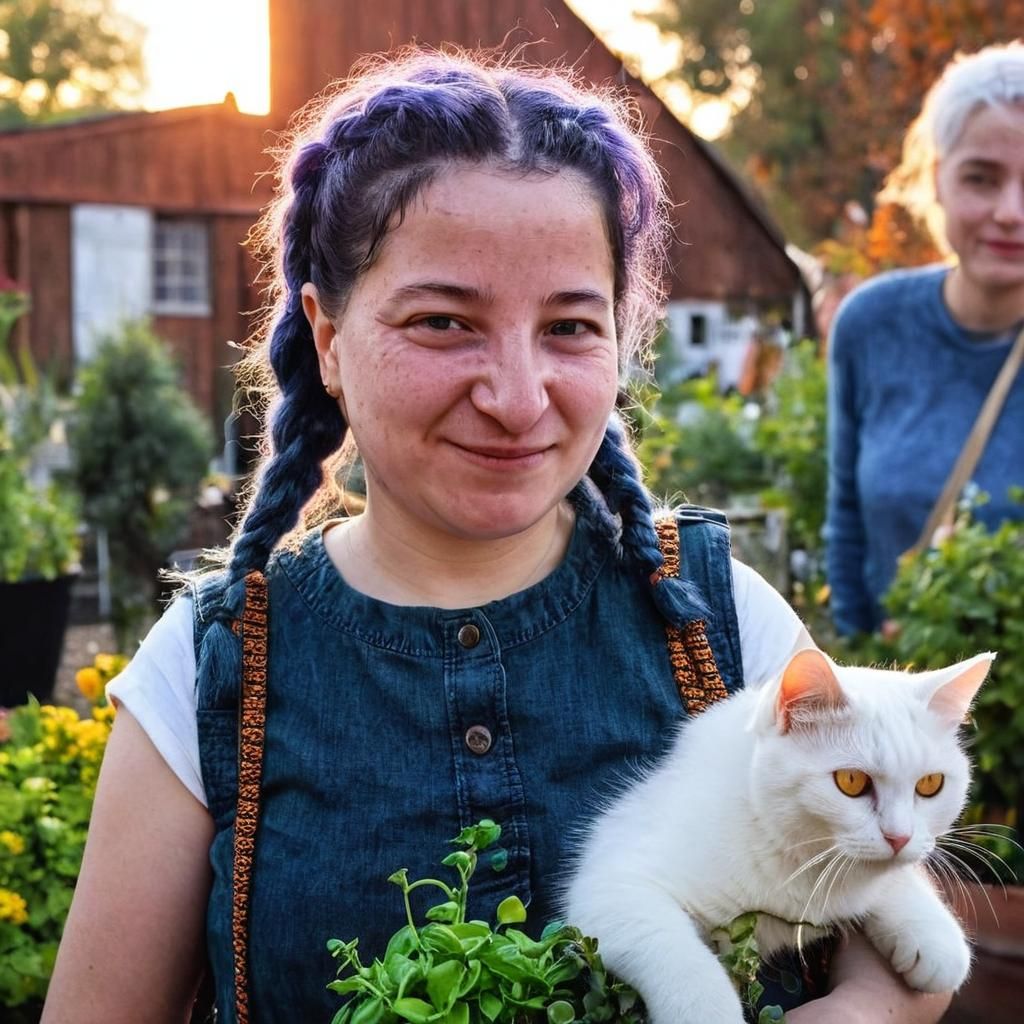 Woman with Cat and Plants in Autumn Garden