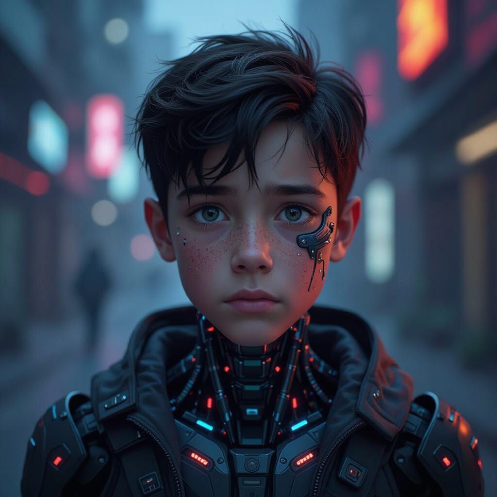 Cyborg Boy Transformation: Human Head Amidst Cybernetics