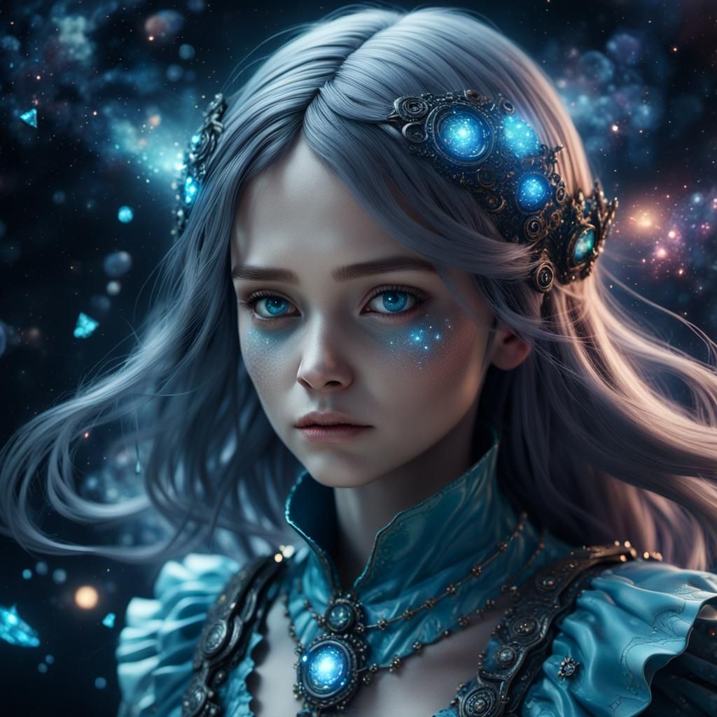 Photorealistic Alice in Space with Galaxy Background