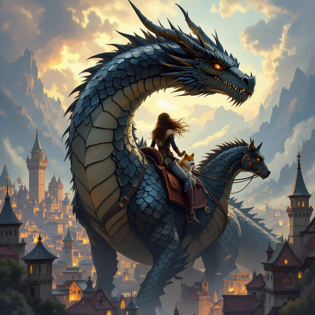 Giant Dragon With Rider and Dog in Fantasy Concept Art