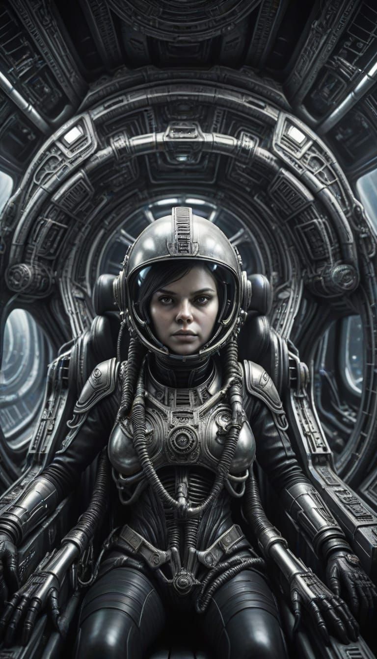 Female Space Navigator in Pilot Seat, Giger Style