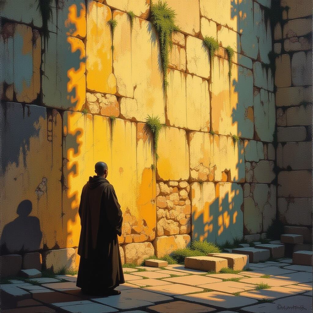 Monk Contemplates Ancient Wall in Neo-Impressionist Style