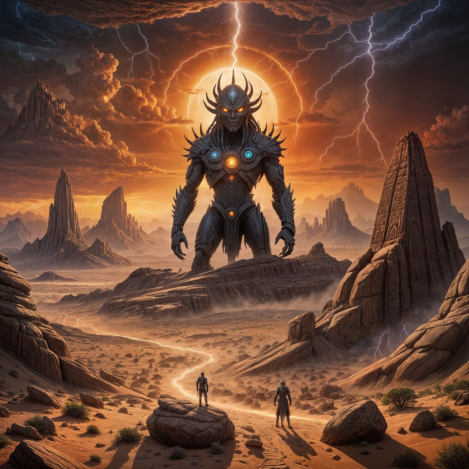 Alien God Judges Humans in Stormy Desert Landscape