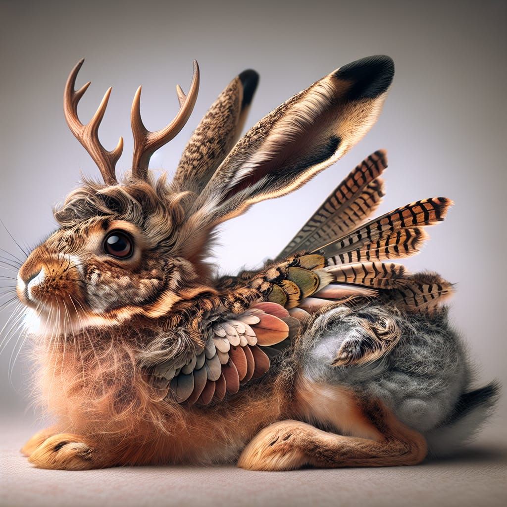 Whimsical Winged Hare with Antlers Portrait