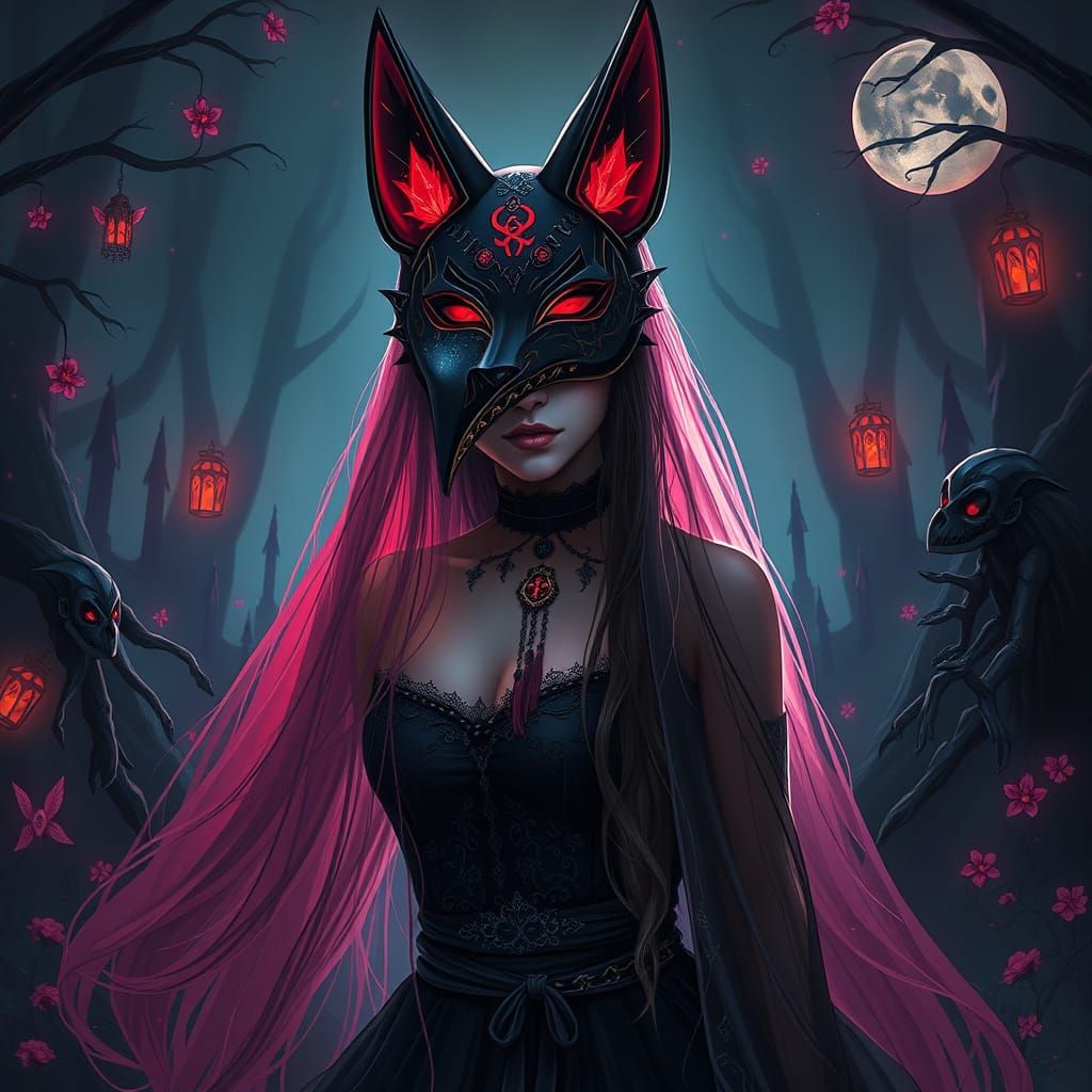 Gothic Princess with Kitsune Mask in Dark Realm