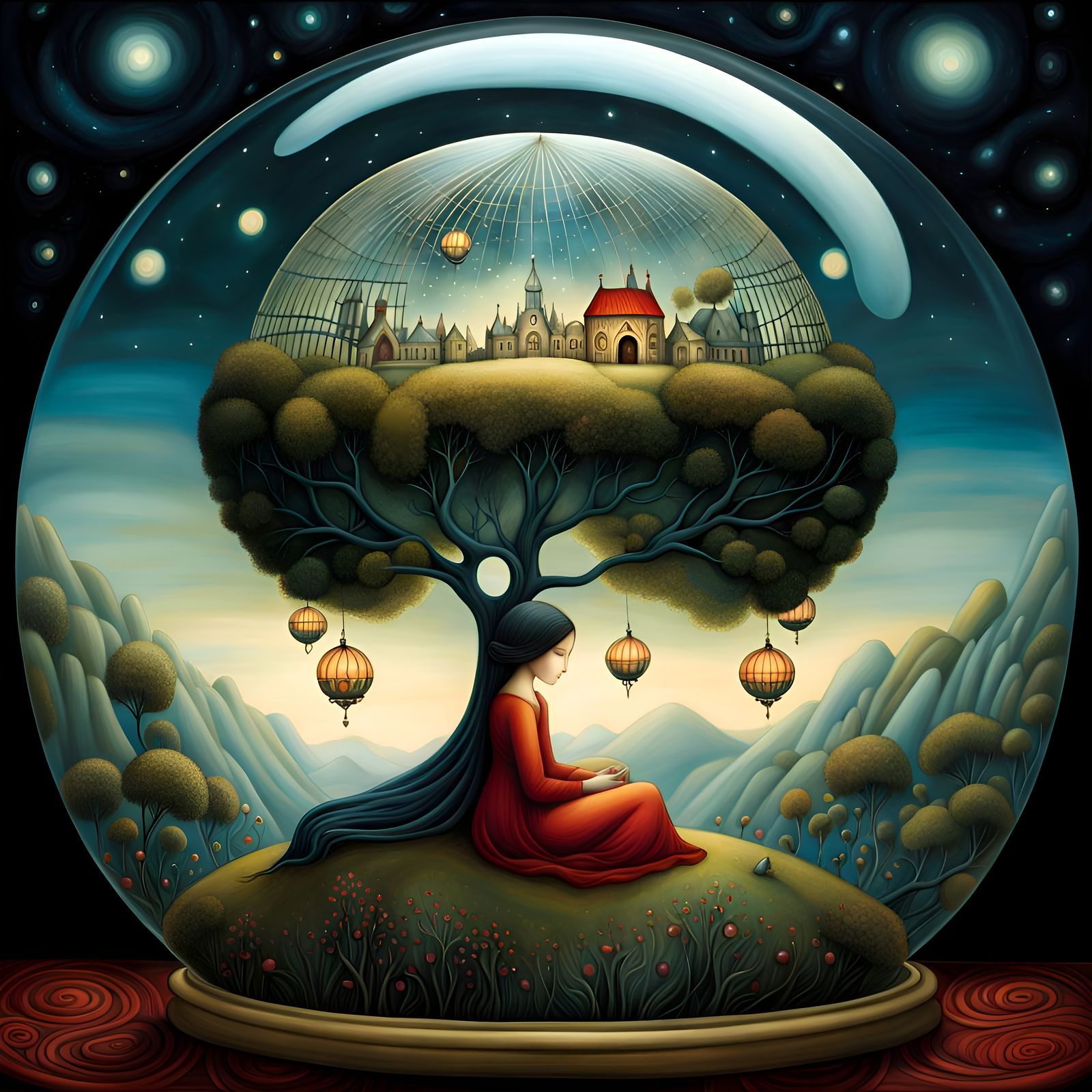 Dreamscape Inside Glass Sphere: Storybook Illustration