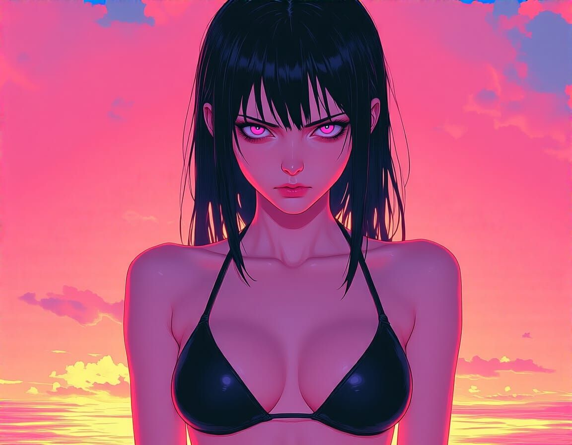 Hitagi Senjougahara's Hypnotic Gaze in Dreamlike Neon