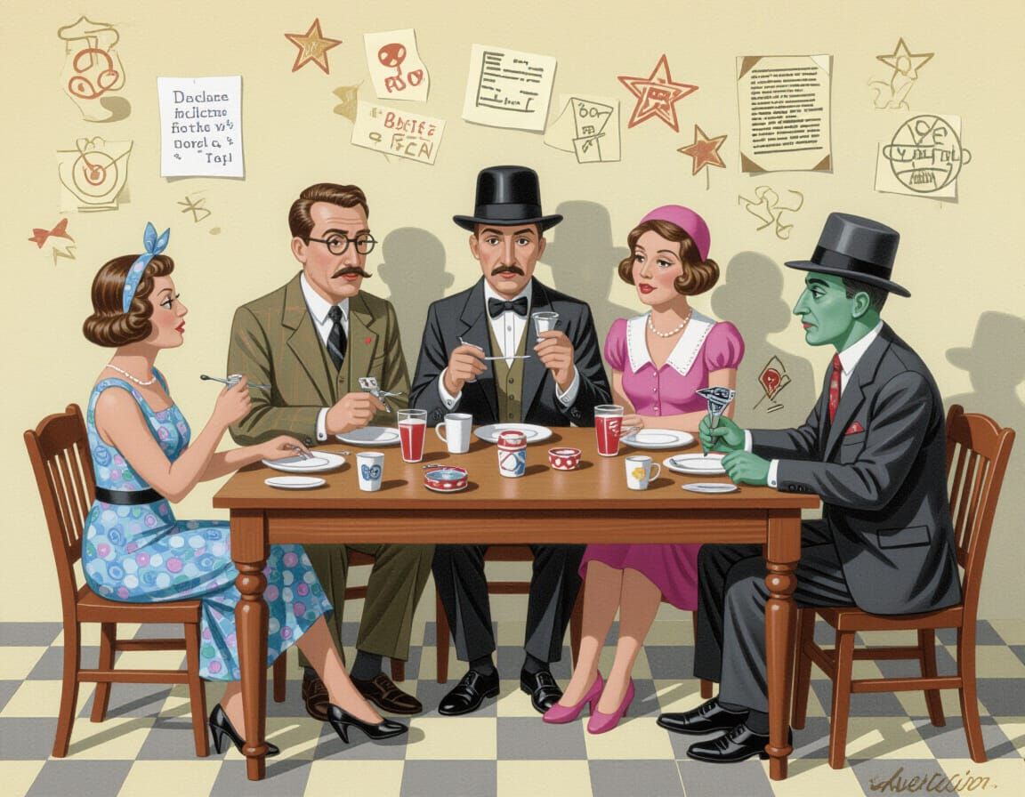 Surreal Dadaist Gathering in Pastel Airbrush Style