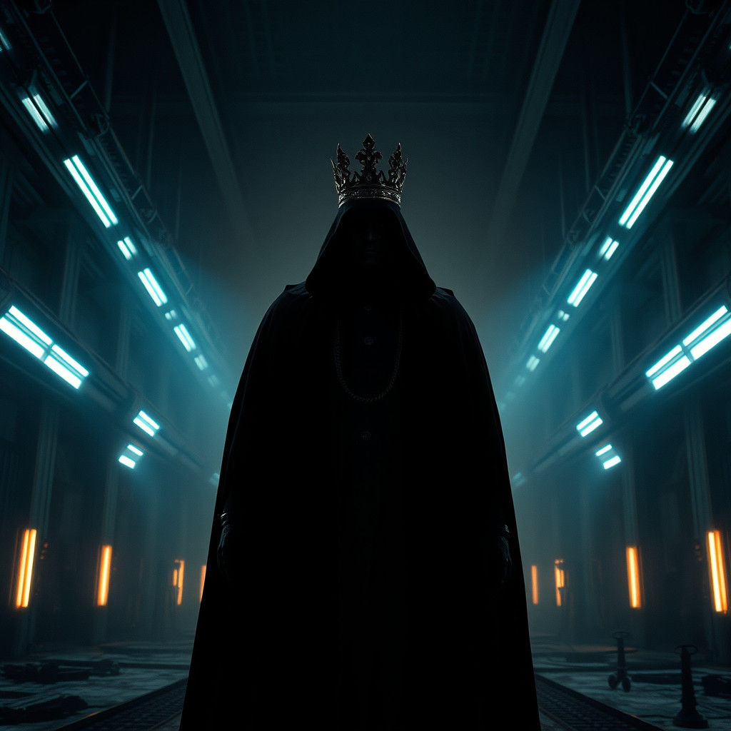 Regal Shadow Figure in Dystopian Chamber