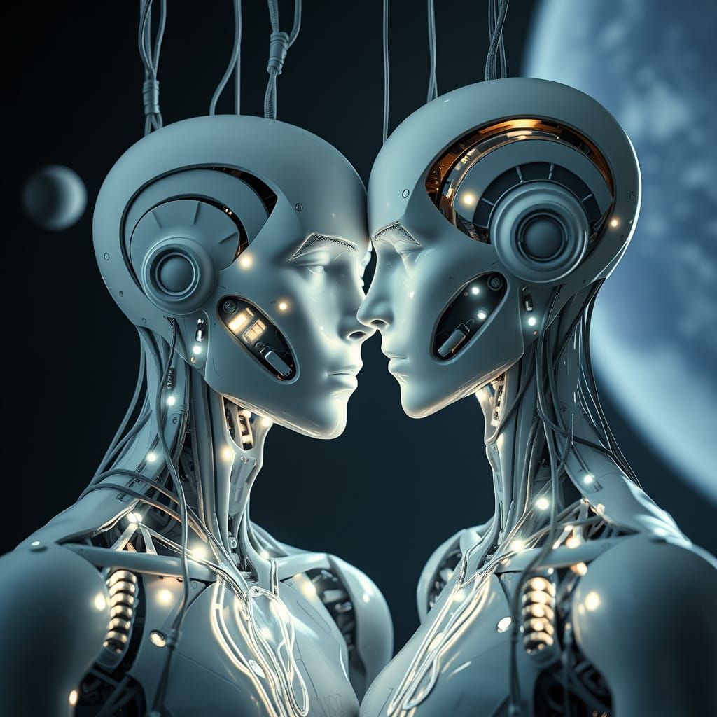 Mannequins in Sci-Fi Scene with Glowing LED Lights