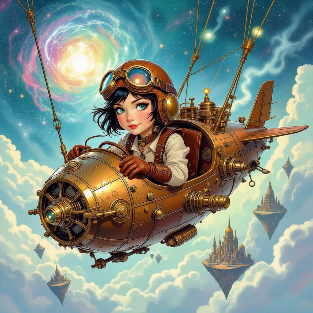 Steampunk Airship Pilot in Cosmic Nebula