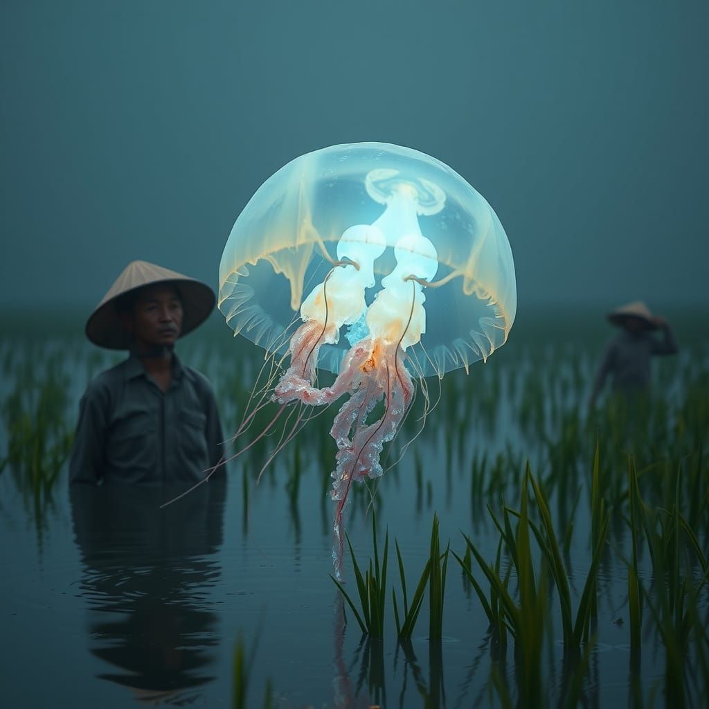 Bioluminescent Jellyfish Illuminates Rice Paddy