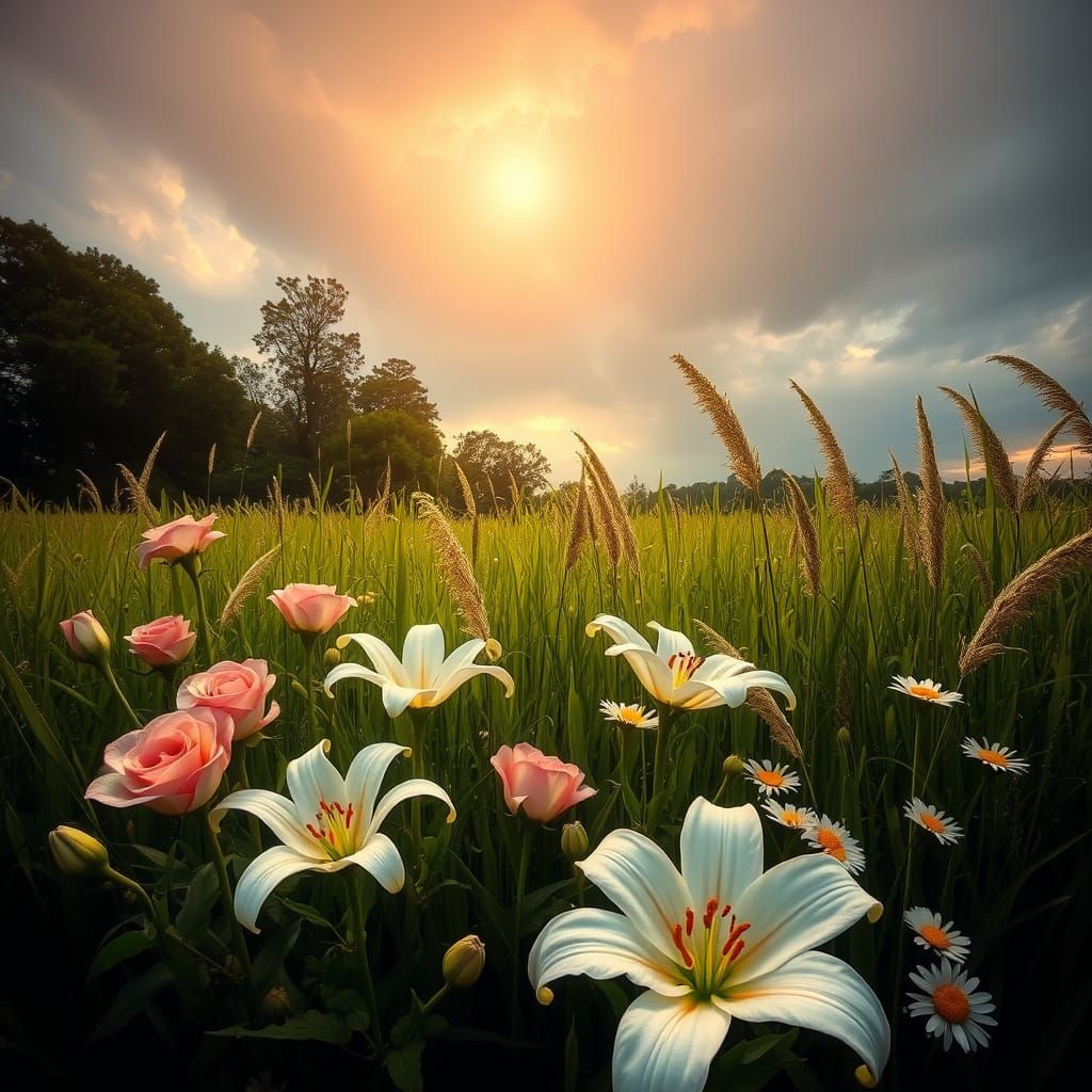 Floral Landscape with Rainbow After the Rain