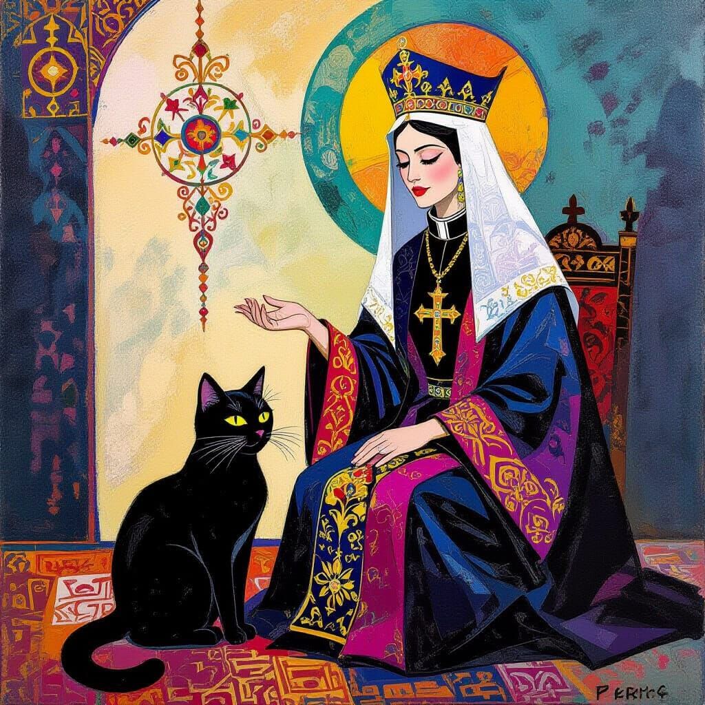 Priestess and Cat in Gouache Style