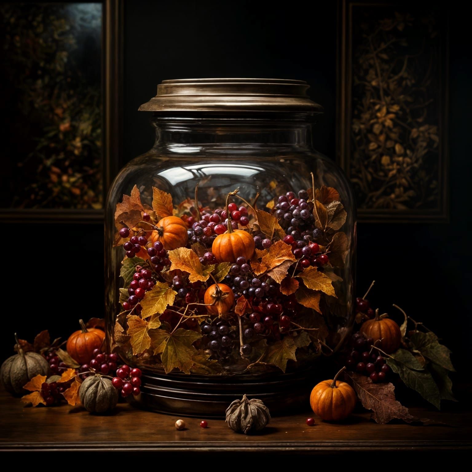Autumn Essence in Glass Jar: Hyperrealistic Mixed-Media