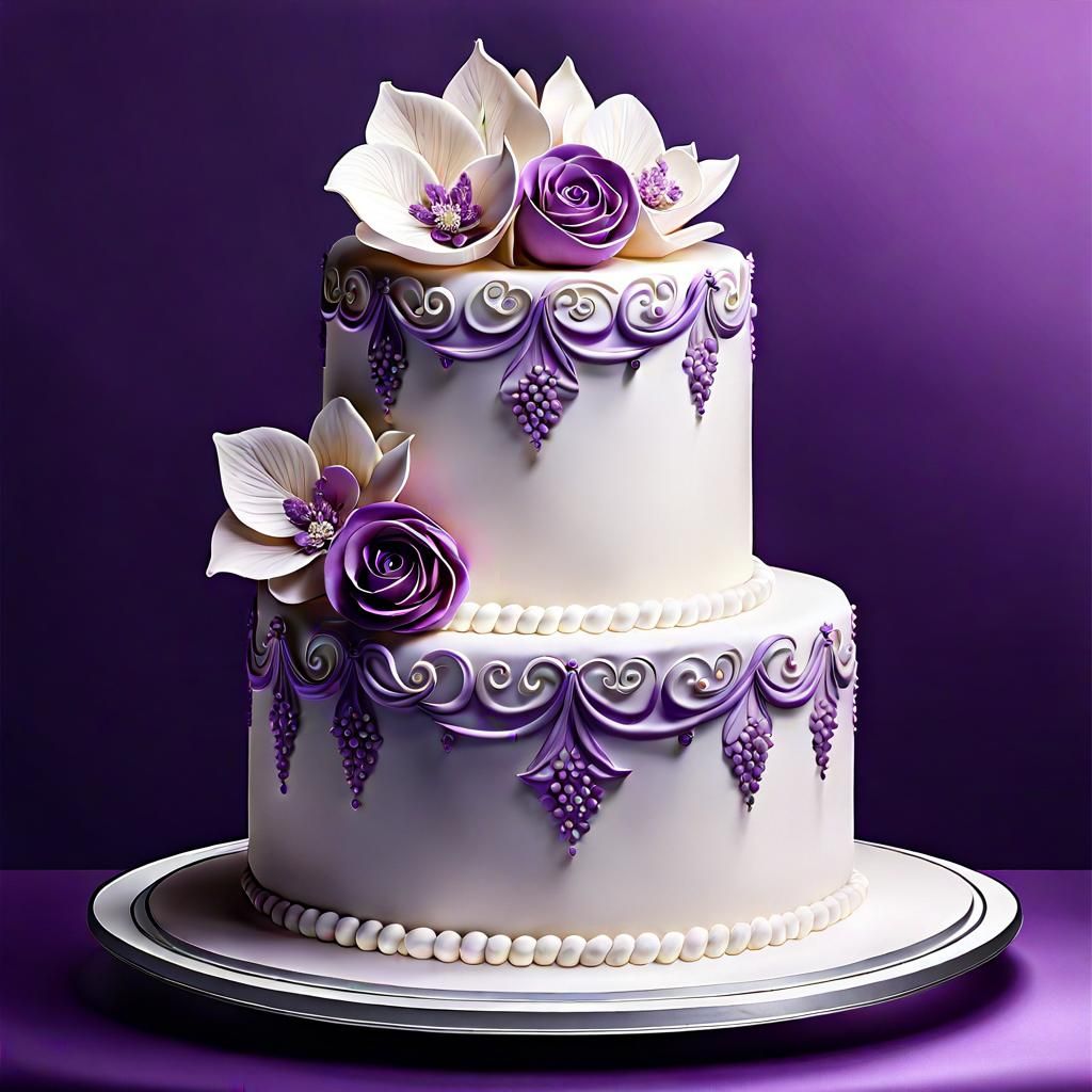 Pretty purple & white flowered wedding cake