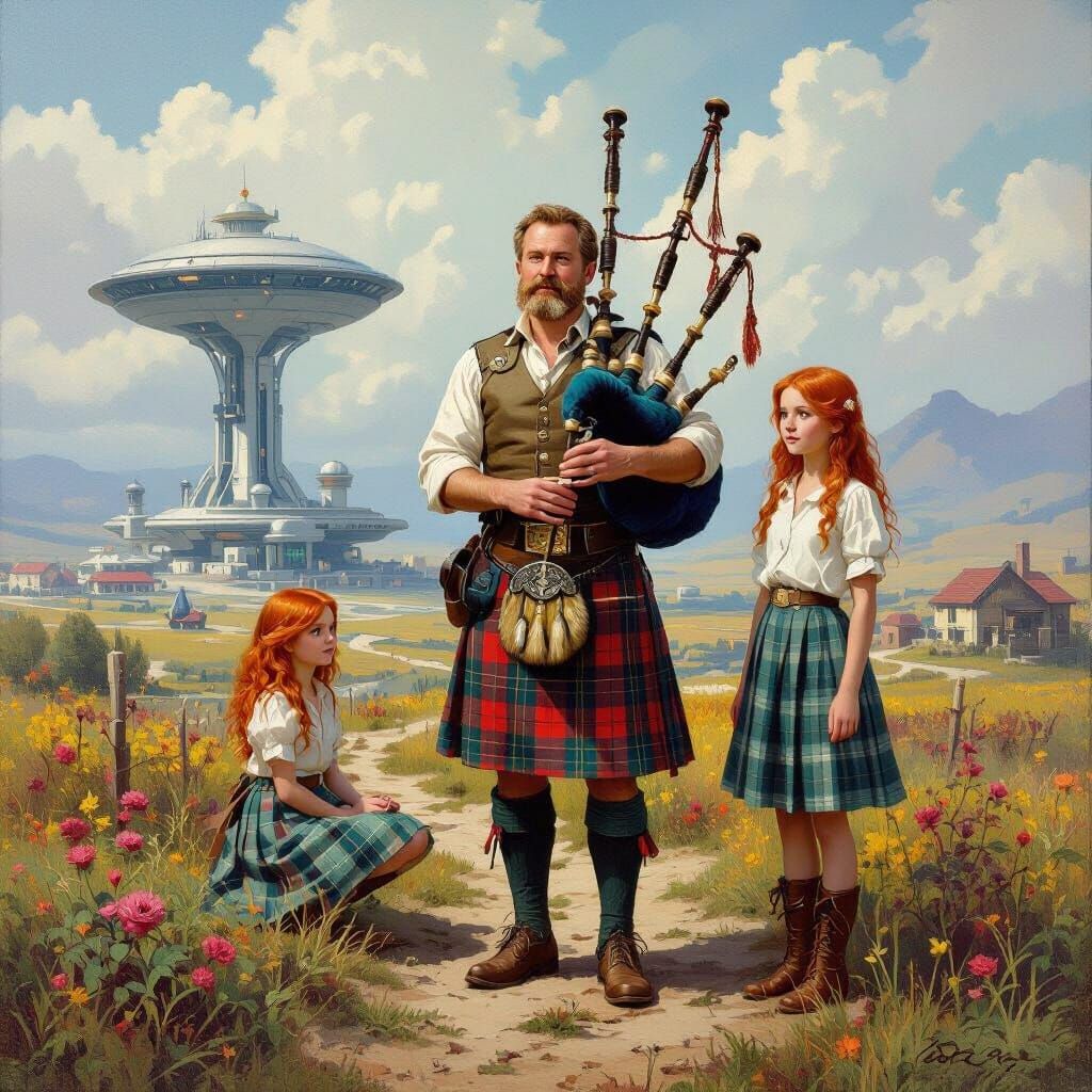 Alien Farm With Bagpipes, Oil Painting