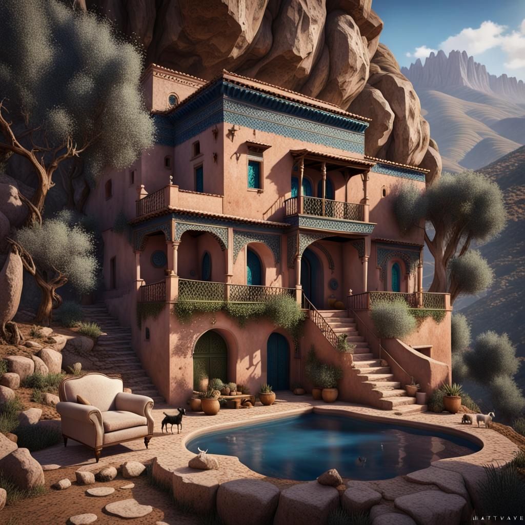 Moroccan Mountain Home with Goats, Detailed Matte Painting