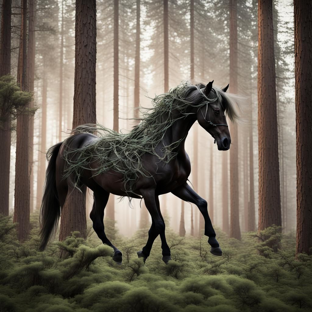 Horse Gallops Through Majestic Pine Tree Forest