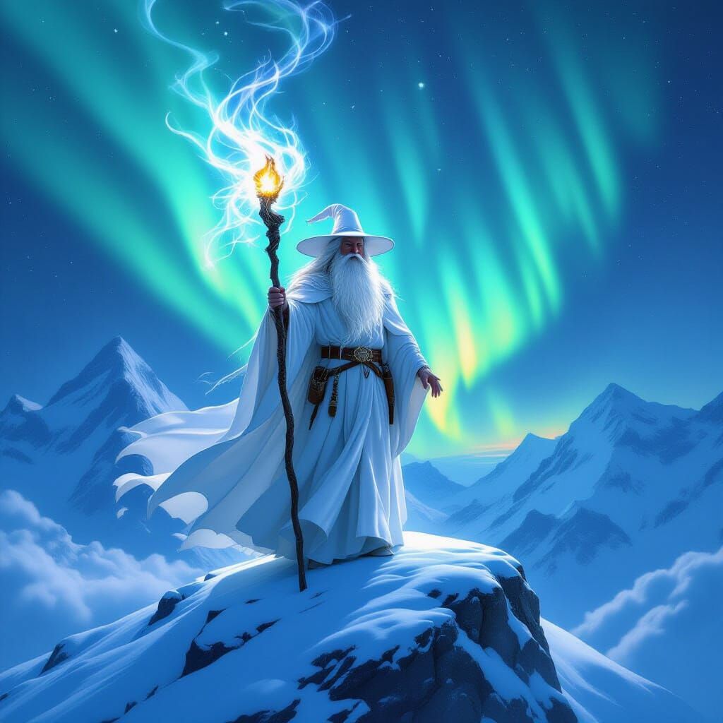 Gandalf the White on Snowy Peak with Aurora