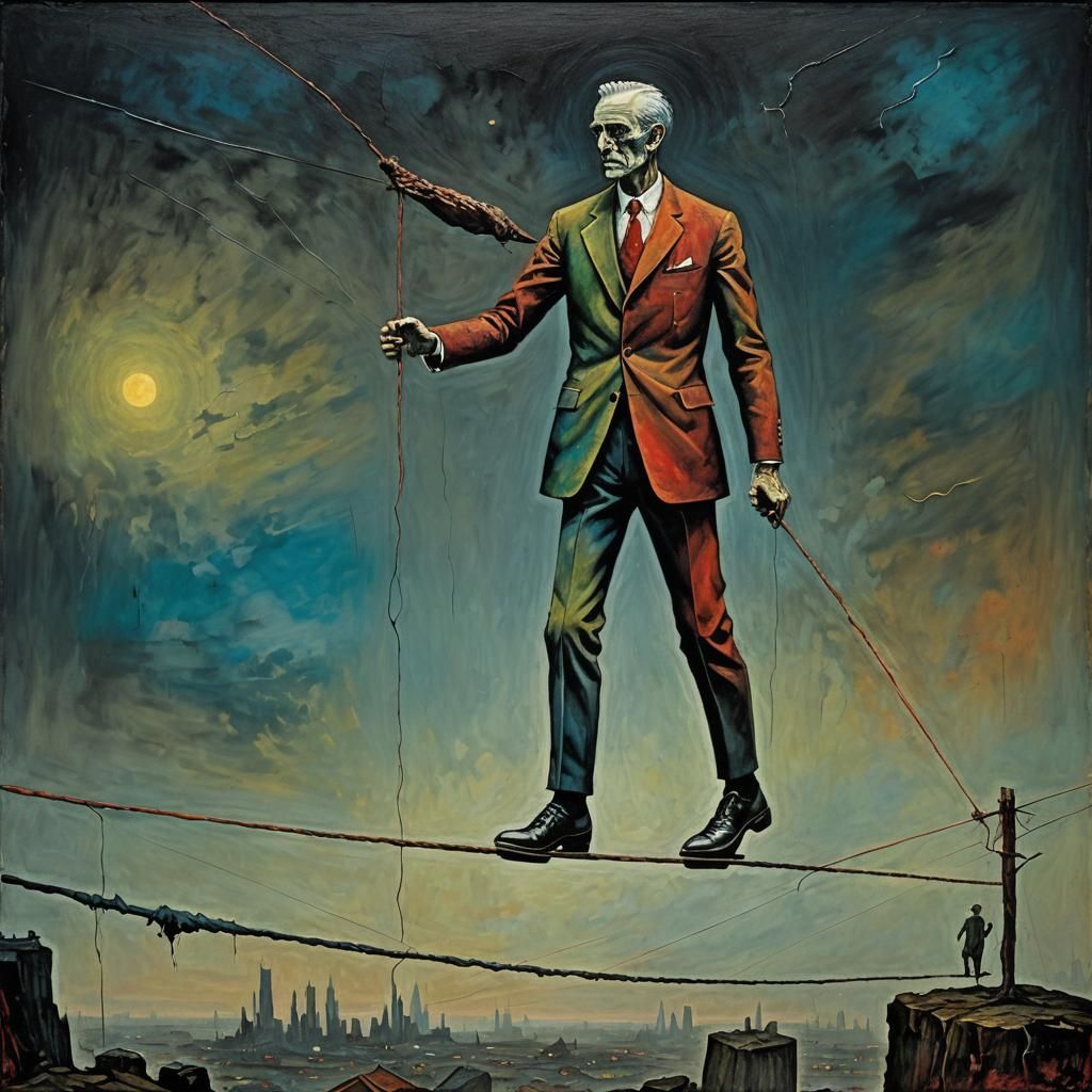 Surreal Equilibrist Walking Tightrope in Impasto Style