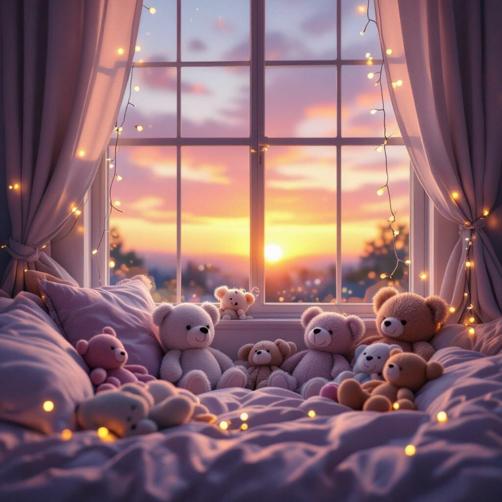 Cozy Bedroom with Fairy Lights and Sunset