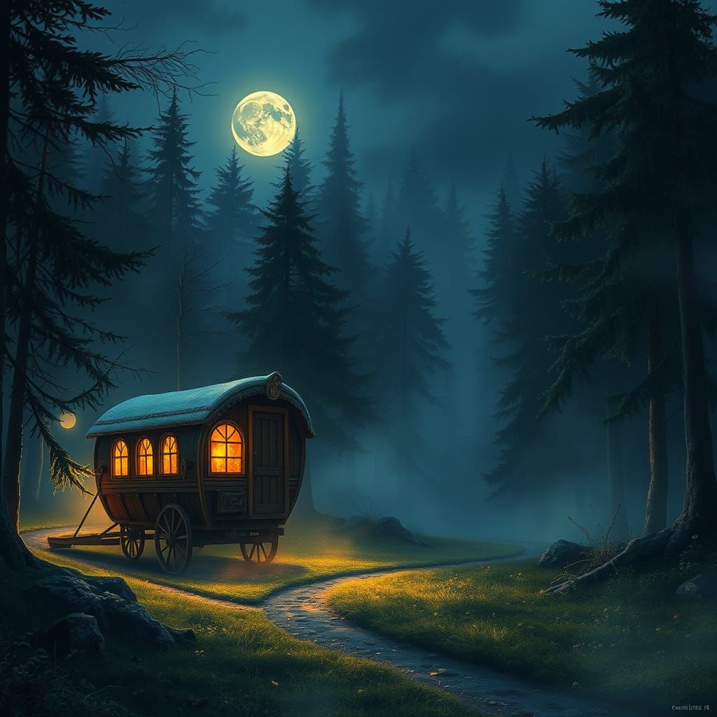 Enchanted Gypsy Caravan Navigates Moonlit Forest