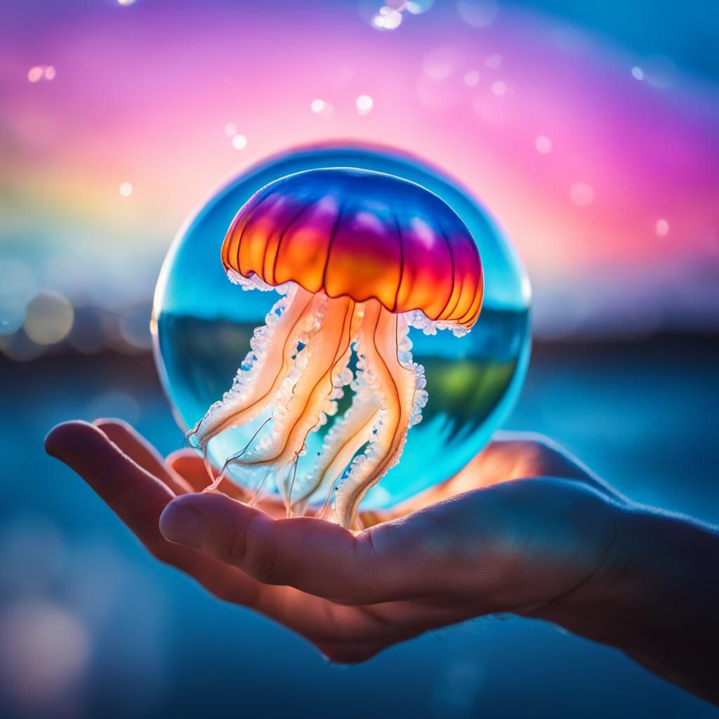 Rainbow Jellyfish Holding Earth Globe Photograph