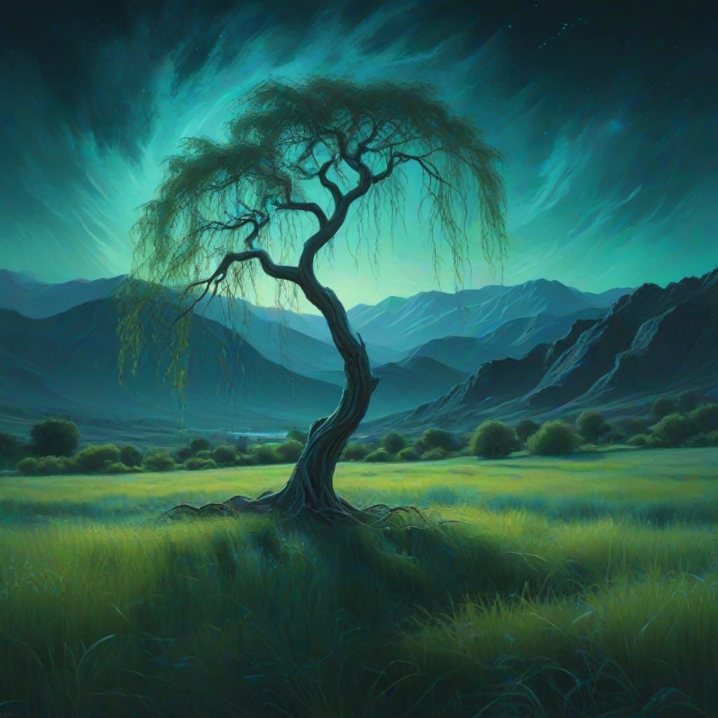 Turquoise Weeping Willow Oil Painting Landscape