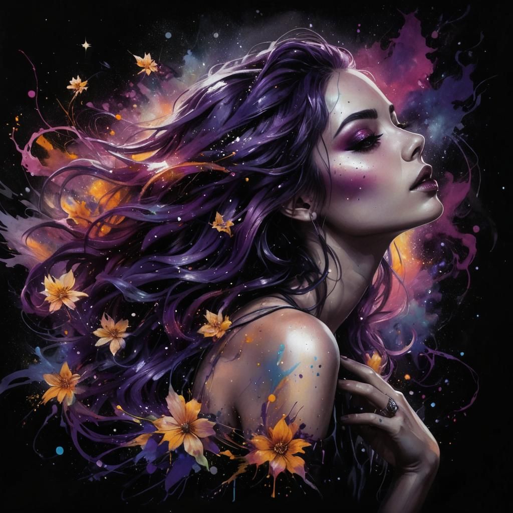 a charming woman with silver and purple hair graffiti art, s...