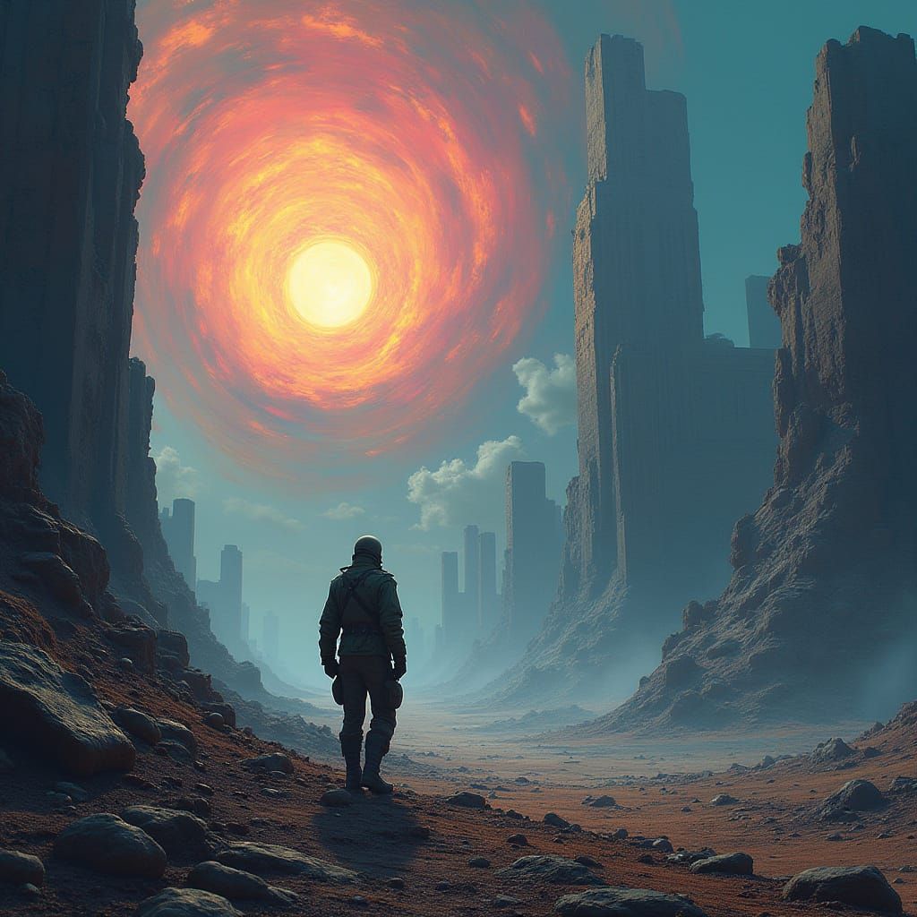 Stoic Soldier Surveys Alien Ruins in Dark Fantasy Concept Ar...