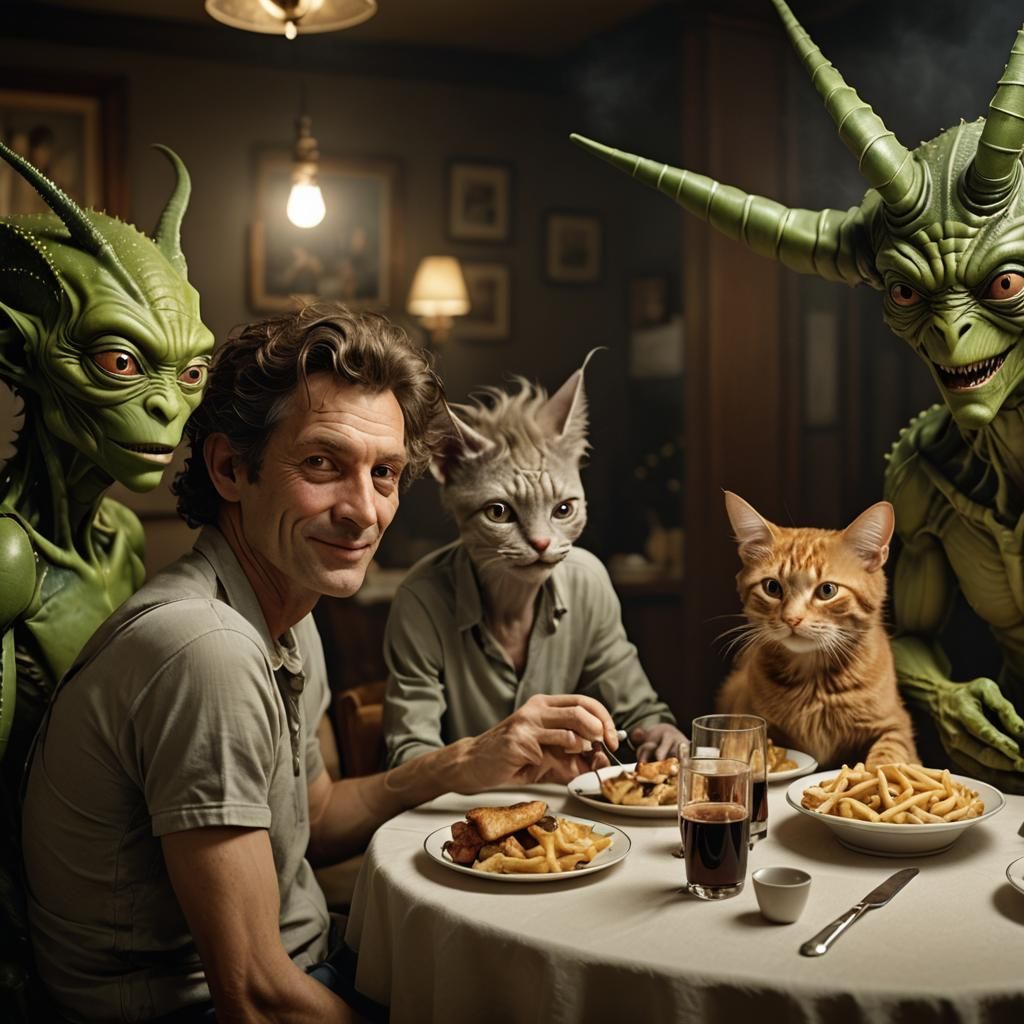 Smiling Alien Party in Futuristic Home