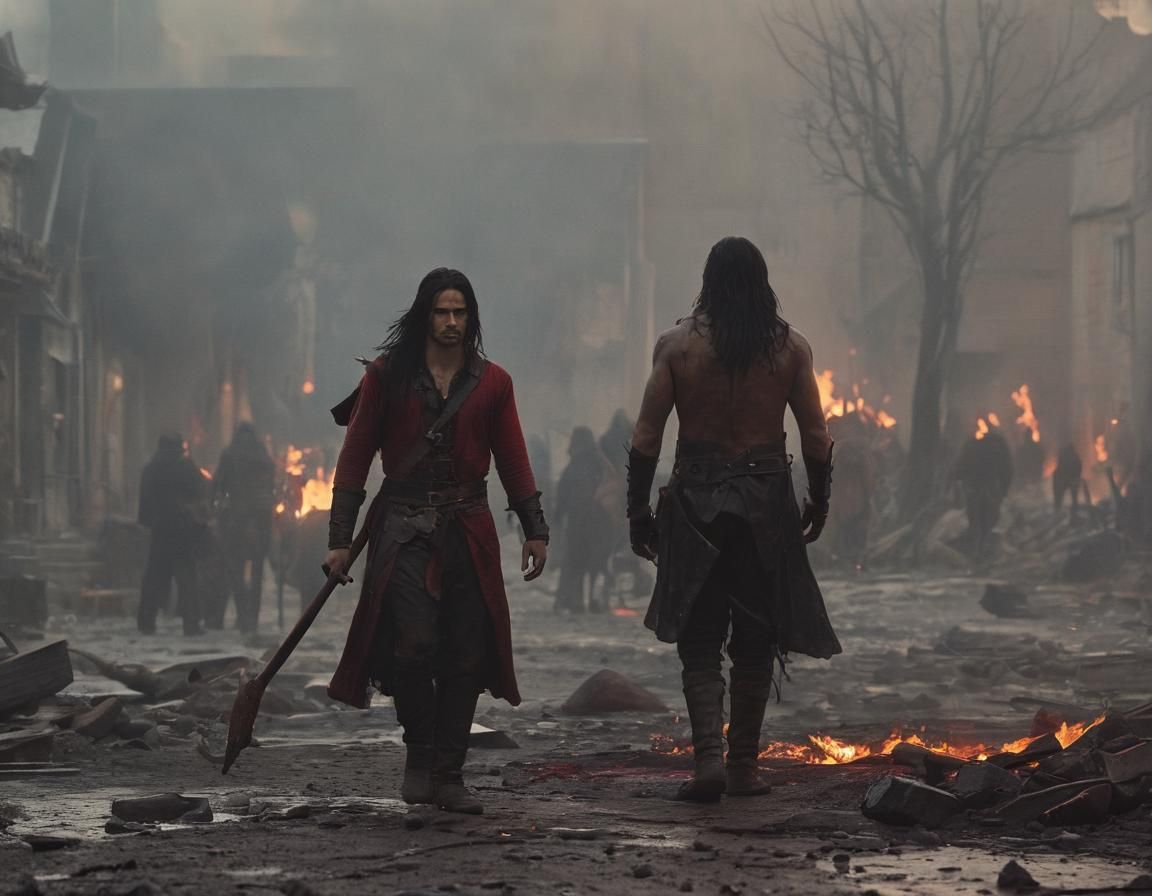 Hunter in Burning Town: Gothic Fantasy Concept Art