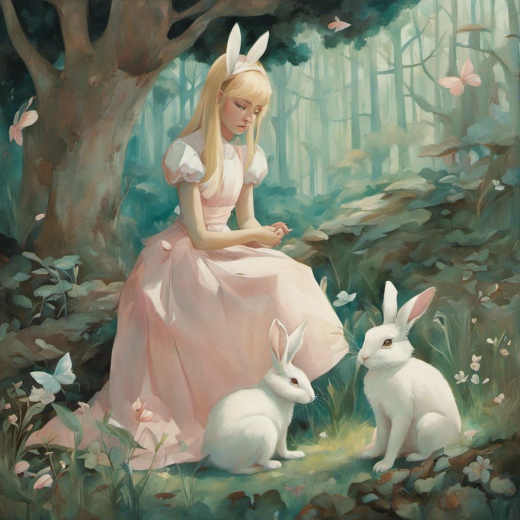 Alice Follows the White Rabbit, Mixed Media Art