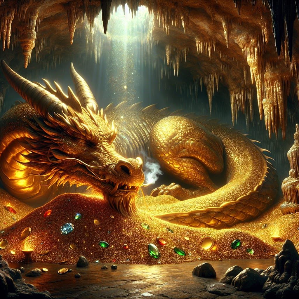 Golden Dragon Sleeping on Hoard of Jewels