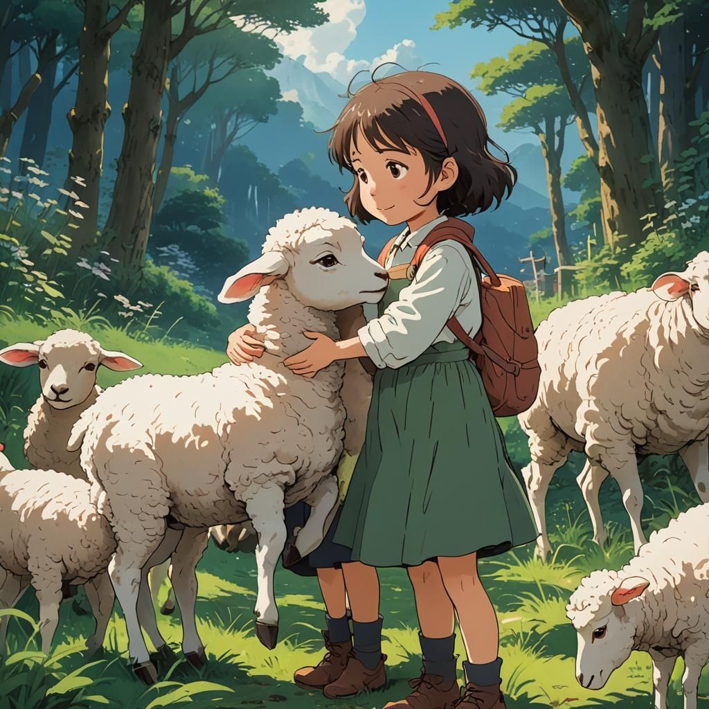 Girl Hugging Lamb in Studio Ghibli Anime Style