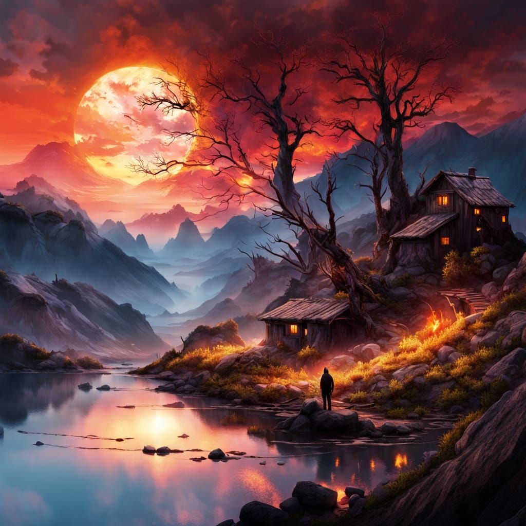 Lone Figure Watches Fiery Sunset on Mountain Peak