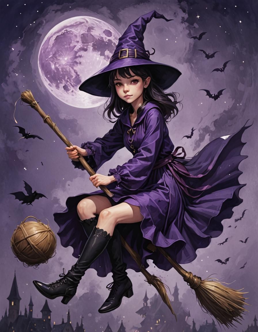 Young Witch in Purple Dress on a Broom