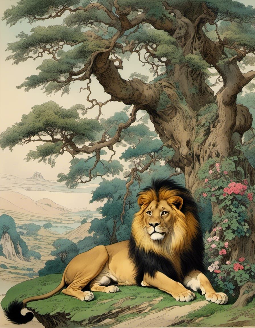 Majestic Lion in Vintage Ink Drawing Style